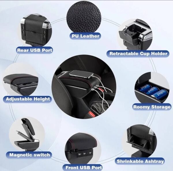 Storage Box with 7 USB Charging Port Dual Layer Car Armrest 5 img 8317